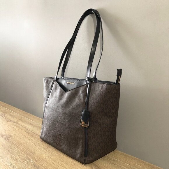 Michael Kors Whitney Large Brown/Black Leather Top Zip Shoulder Tote Bag - Picture 7 of 11
